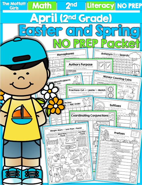 Teach basic math operations, sight words, phonics, grammar, handwriting and so much more with the April NO PREP Packet for Second Grade!