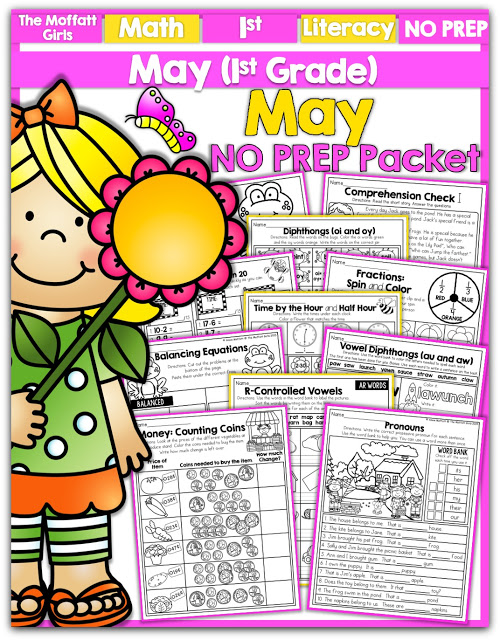Teach addition, subtraction, sight words, phonics, grammar, handwriting and so much more with the May NO PREP Packet for First Grade!