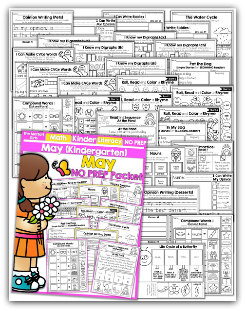 Teach basic addition, subtraction, sight words, phonics, letters, handwriting and so much more with the May NO PREP Packet for Kindergarten!