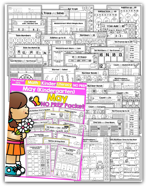 Teach basic addition, subtraction, sight words, phonics, letters, handwriting and so much more with the May NO PREP Packet for Kindergarten!