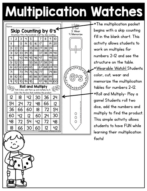 Why can't practicing multiplication facts be fun? Use these wearable Multiplication Watches to encourage your students to master multiplication facts. Plus, they come with 2 more fun activities- Skip Counting and a Roll and Multiply game!