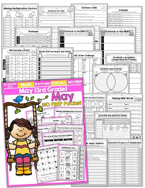 Teach multiplication, two and three-digit addition and subtraction, sight words, grammar, writing and so much more with the May NO PREP Packet for Third Grade!