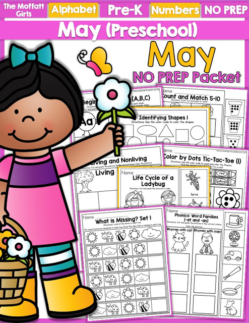 Teach number concepts, colors, shapes, letters, phonics and so much more with the May NO PREP Packet for Preschool!