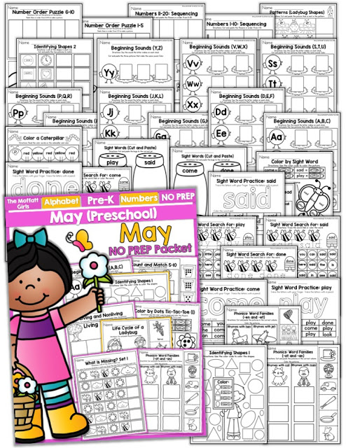 Teach number concepts, colors, shapes, letters, phonics and so much more with the May NO PREP Packet for Preschool!
