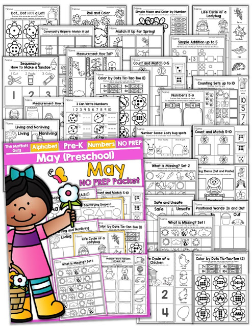 Teach number concepts, colors, shapes, letters, phonics and so much more with the May NO PREP Packet for Preschool!