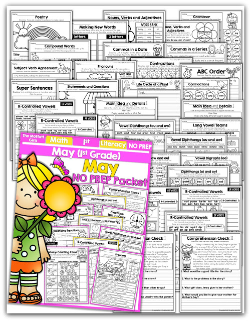 Teach addition, subtraction, sight words, phonics, grammar, handwriting and so much more with the May NO PREP Packet for First Grade!