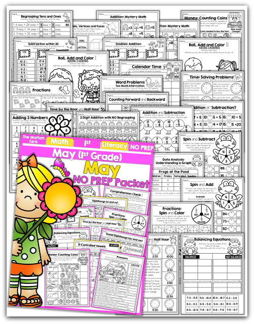 Teach addition, subtraction, sight words, phonics, grammar, handwriting and so much more with the May NO PREP Packet for First Grade!
