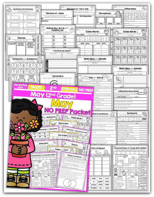 Teach basic math operations, sight words, phonics, grammar, handwriting and so much more with the May NO PREP Packet for Second Grade!