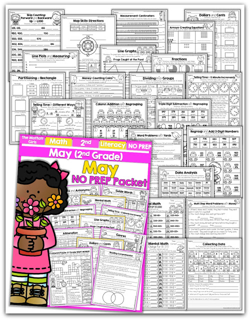 Teach basic math operations, sight words, phonics, grammar, handwriting and so much more with the May NO PREP Packet for Second Grade!