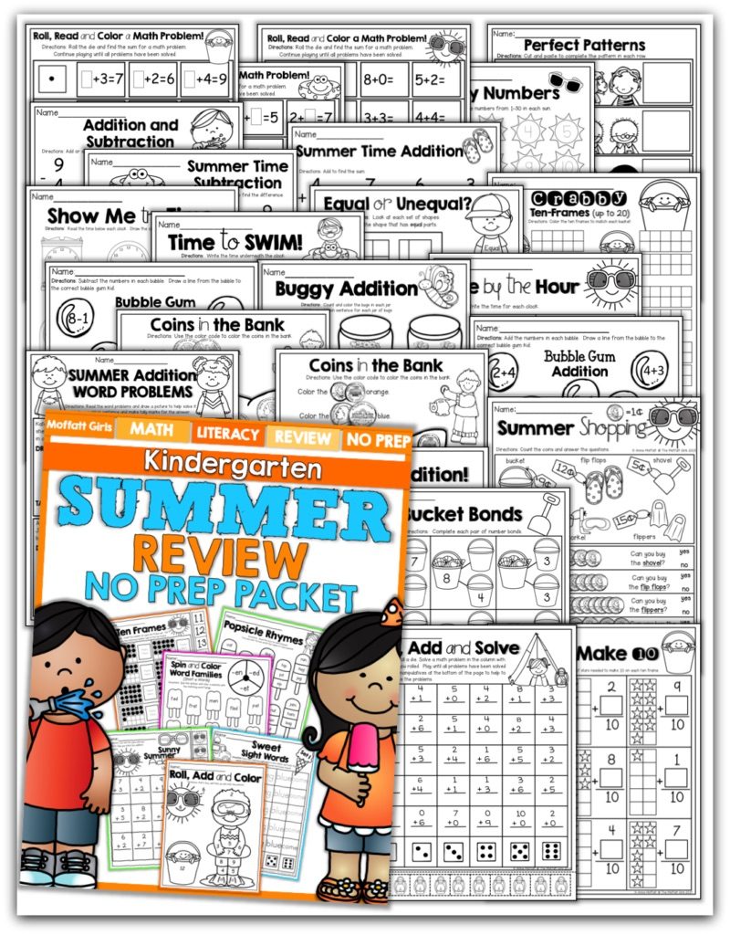 Teach basic addition, subtraction, sight words, phonics, letters, handwriting and so much more with the Summer Review NO PREP Packet for Kindergarten!