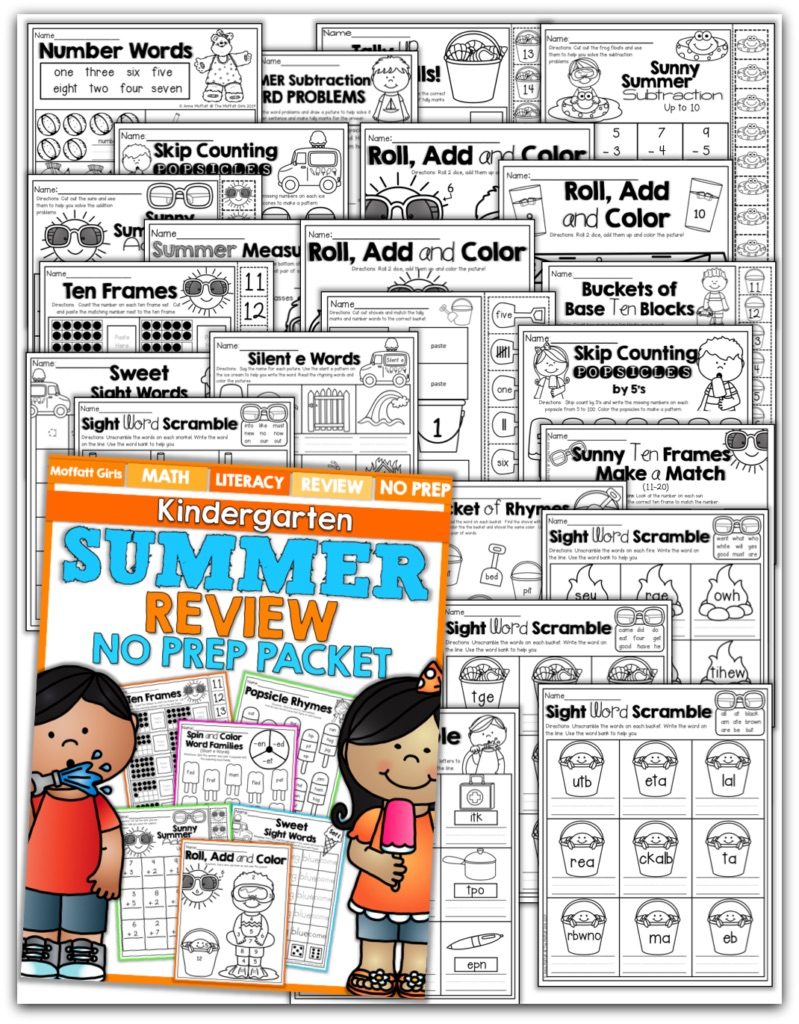 Teach basic addition, subtraction, sight words, phonics, letters, handwriting and so much more with the Summer Review NO PREP Packet for Kindergarten!