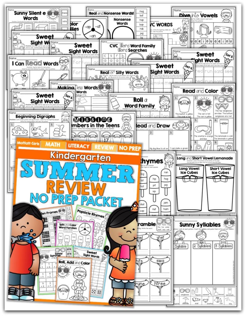 Teach basic addition, subtraction, sight words, phonics, letters, handwriting and so much more with the Summer Review NO PREP Packet for Kindergarten!