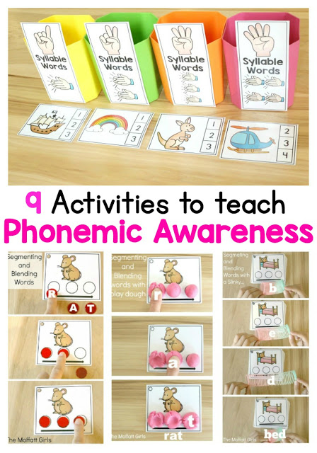 9 Activities to Teach Phonemic Awareness! Phonemic Awareness is such an integral part to reading and writing. Unfortunately, many teachers skip over teaching this, but the truth is that it's just as important as learning phonics! Check out these 9 hands-on ways to help children learn to segment and blend words, and watch your children become confident readers with strong decoding and spelling skills!