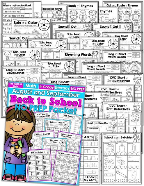 Back to School NO PREP Packet (1st Grade)! Teach addition, subtraction, sight words, phonics, grammar, handwriting and so much more with the August and September NO PREP Packet for First Grade!
