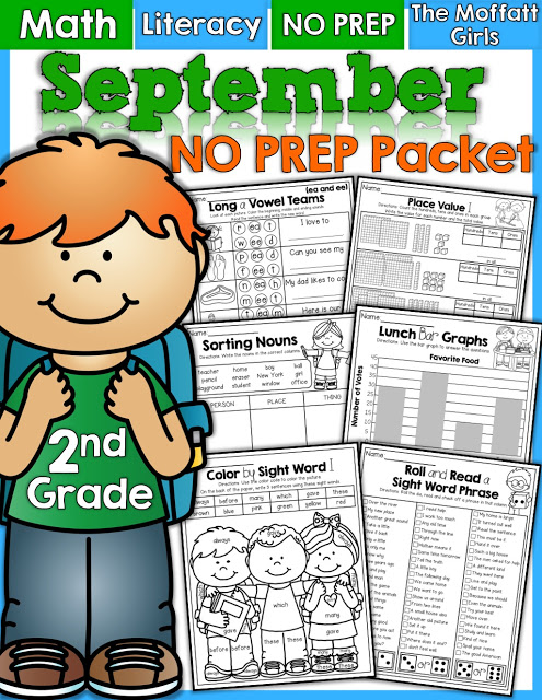 September NO PREP Math and Literacy Packet (2nd Grade)! Teach basic math operations, sight words, phonics, grammar, handwriting and so much more with the September NO PREP Packet for Second Grade!