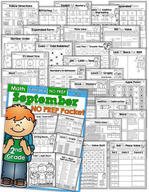 September NO PREP Math and Literacy Packet (2nd Grade)! Teach basic math operations, sight words, phonics, grammar, handwriting and so much more with the September NO PREP Packet for Second Grade!