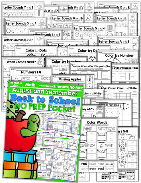 Back to School NO PREP Math and Literacy (Kindergarten)! Teach basic addition, subtraction, sight words, phonics, letters, handwriting and so much more with the August and September NO PREP Packet for Kindergarten!