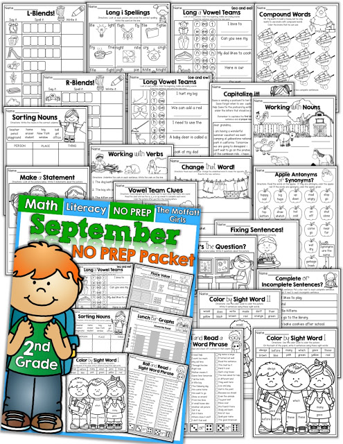 September NO PREP Math and Literacy Packet (2nd Grade)! Teach basic math operations, sight words, phonics, grammar, handwriting and so much more with the September NO PREP Packet for Second Grade!