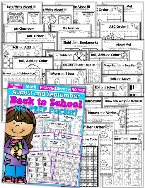 Back to School NO PREP Packet (1st Grade)! Teach addition, subtraction, sight words, phonics, grammar, handwriting and so much more with the August and September NO PREP Packet for First Grade!