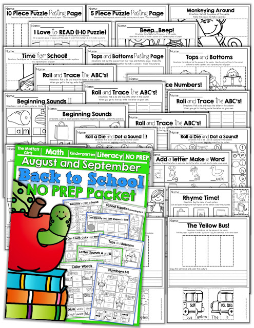 Back to School NO PREP Math and Literacy (Kindergarten)! Teach basic addition, subtraction, sight words, phonics, letters, handwriting and so much more with the August and September NO PREP Packet for Kindergarten!
