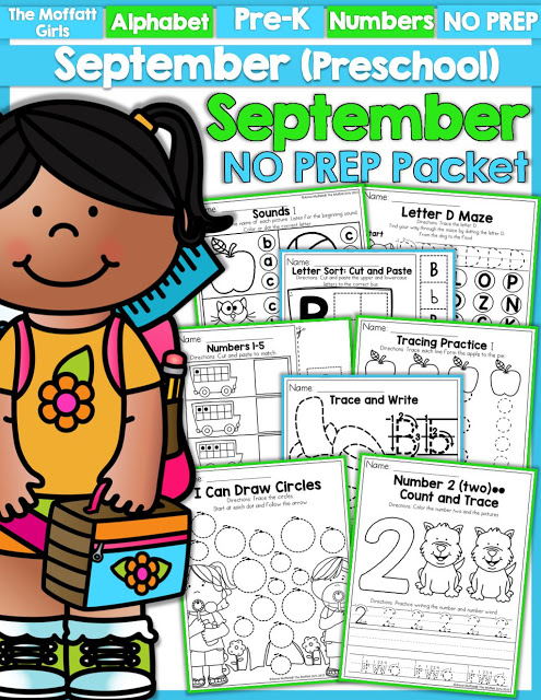 September NO PREP Packet (Preschool)! Teach number concepts, colors, shapes, letters, phonics and so much more with the September NO PREP Packet for Preschool!
