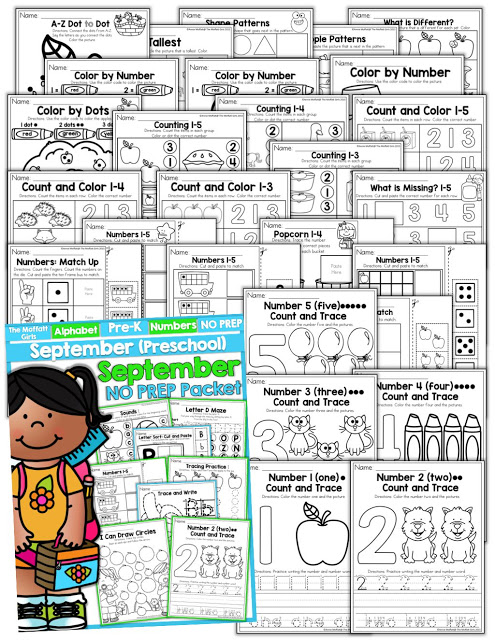 Teach number concepts, colors, shapes, letters, phonics and so much more with the September NO PREP Packet for Preschool!