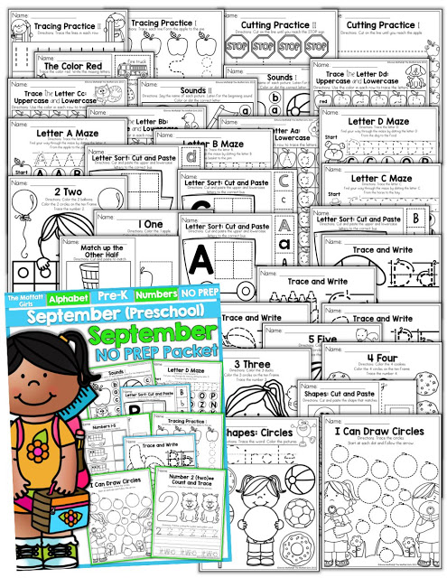 September NO PREP Packet (Preschool)! Teach number concepts, colors, shapes, letters, phonics and so much more with the September NO PREP Packet for Preschool!