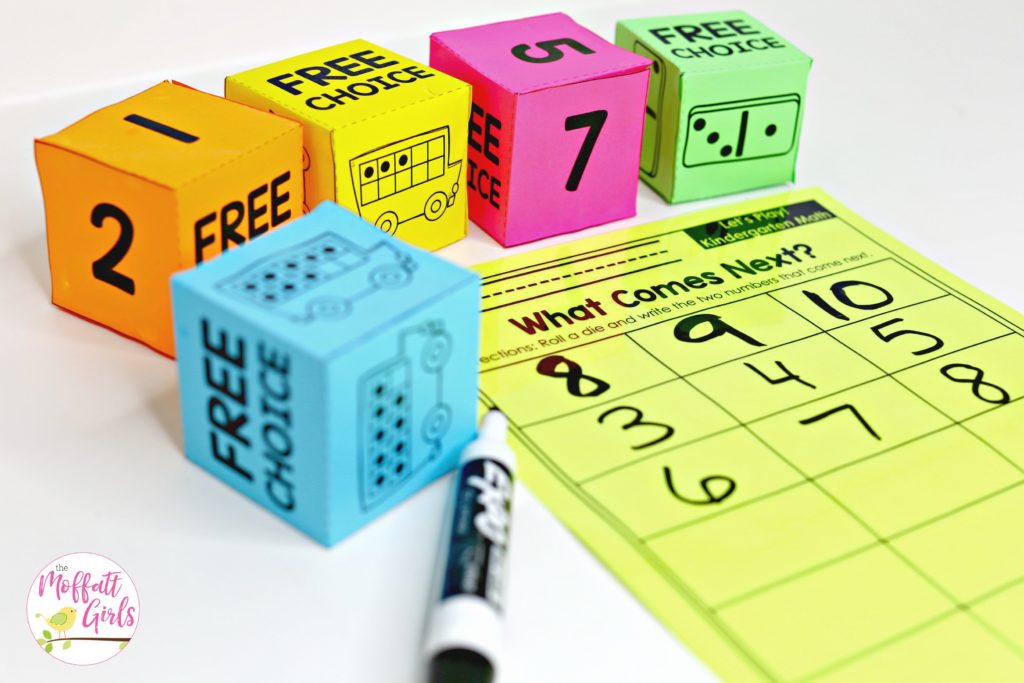 What Comes Next- Roll a die and choose which 2 numbers come after the number that you roll. Such a fun math game for Kindergarten!