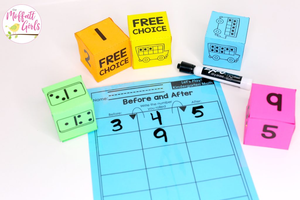 Before and After- Roll a die and choose which numbers come before and after the number that you roll. Such a fun math game for Kindergarten!