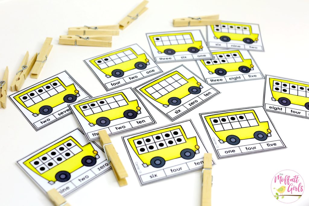Ten Frame Number Words- Count the dots on the ten frame and clip the matching number word.