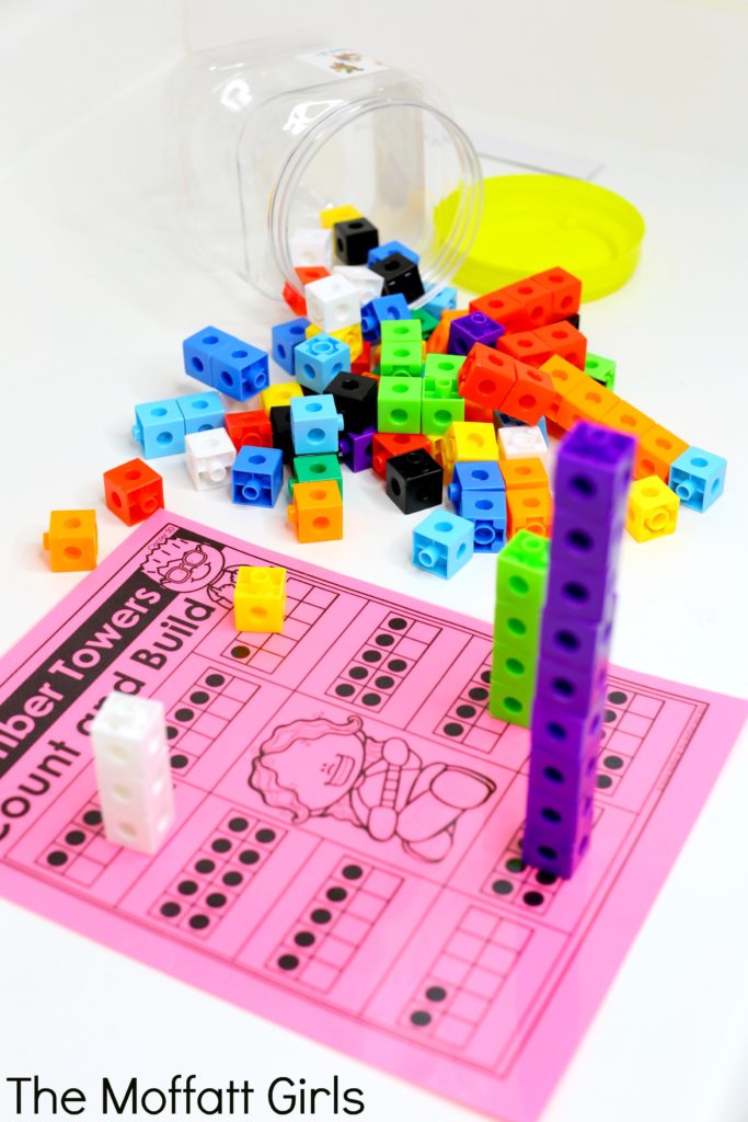 Number Towers- Count the dots on the ten frame and build a tower to match. Kindergarten math made fun!