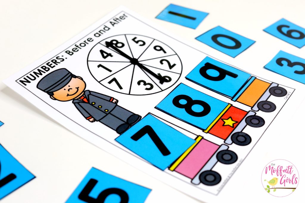Numbers: Before and After- Spin the spinner and choose which numbers come before and after the number that you spun. Such a fun math game for Kindergarten!