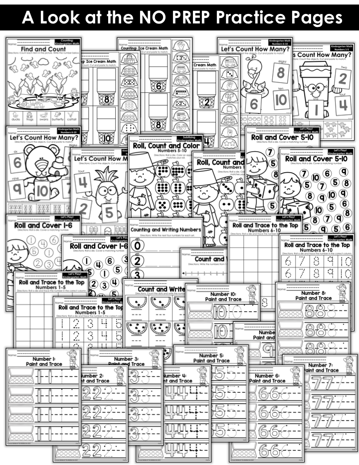 Kindergarten Math Curriculum- Fun, hands-on activities to teach basic math concepts for Kindergarten! NO PREP Pages for practicing numbers 1-10.