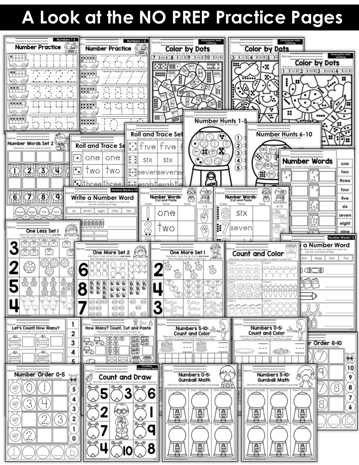 Kindergarten Math Curriculum- Fun, hands-on activities to teach basic math concepts for Kindergarten! NO PREP Pages for practicing numbers 1-10.