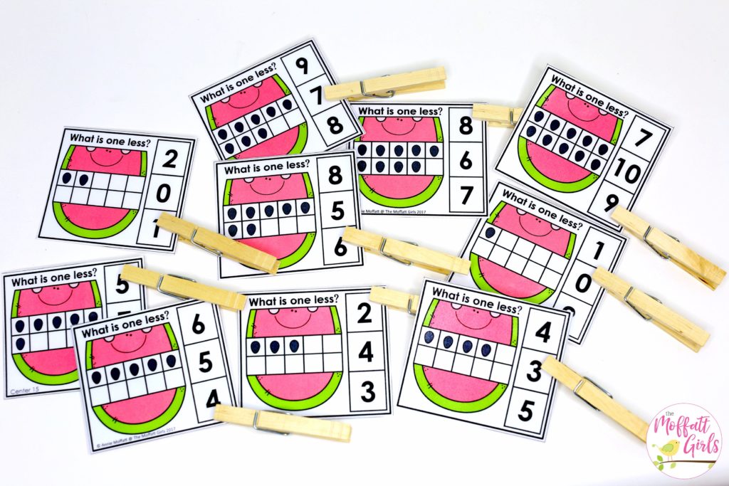 What is One Less? Count the dots on the ten frame and clip the number that shows one less. Fun Kindergarten Math activities!