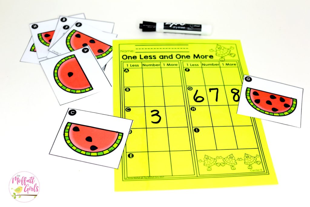One Less and One More- Turn a watermelon card and decide which numbers come before and after the number that you draw. Such a fun math game for Kindergarten!