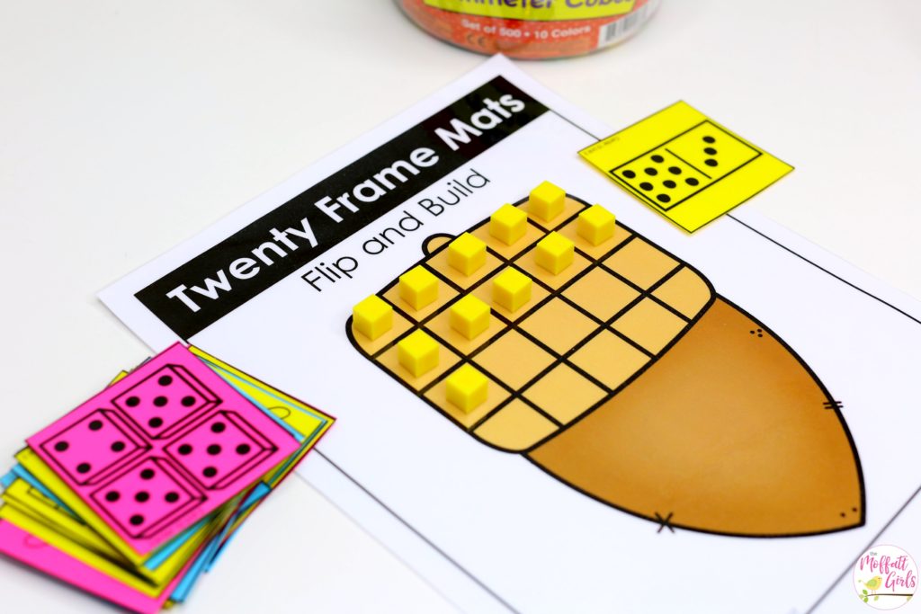 Twenty Frame Mats- Flip a card and build the teen number on the ten frames. Fun math center game for Kindergarten!