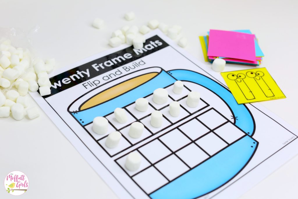 Twenty Frame Mats- Flip a card and build the teen number on the ten frames. Fun math center game for Kindergarten!