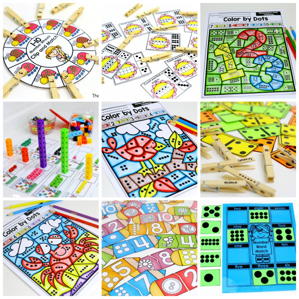 Kindergarten Math Curriculum- Fun, hands-on activities to teach basic math concepts for Kindergarten! Easy prep centers for practicing numbers 1-10.