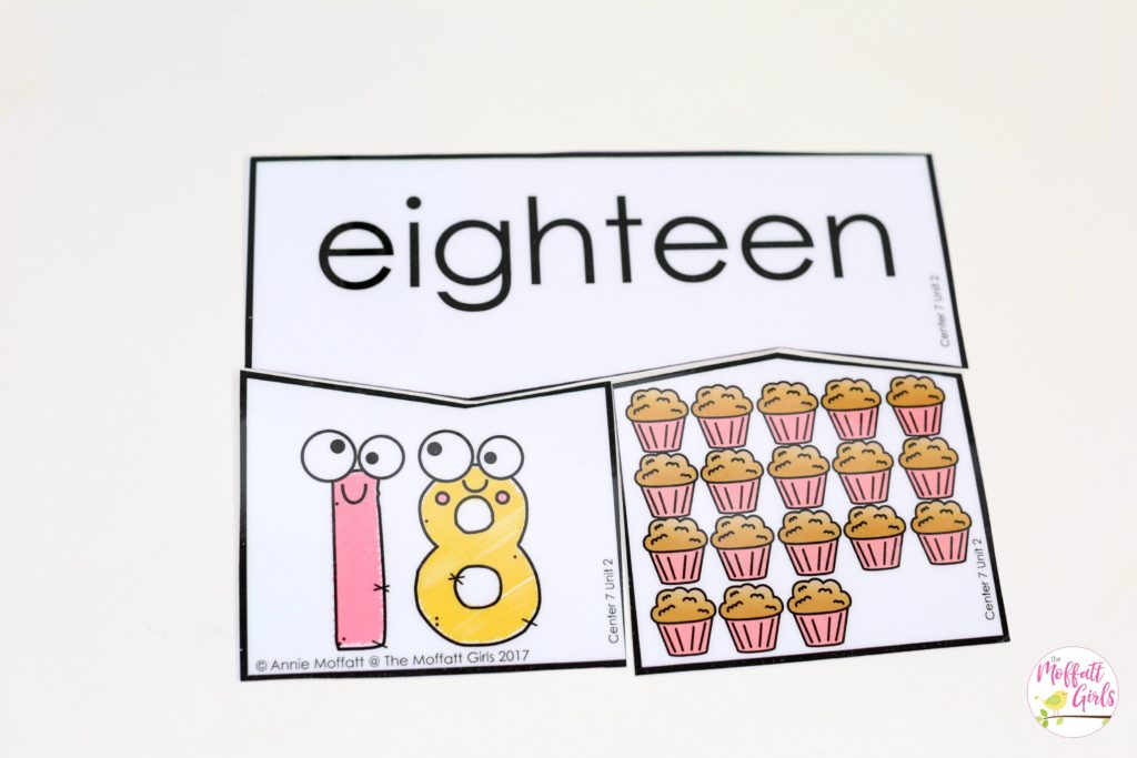 Number Puzzles- Count and match the teen numbers with the number words. Fun math center for Kindergarten!