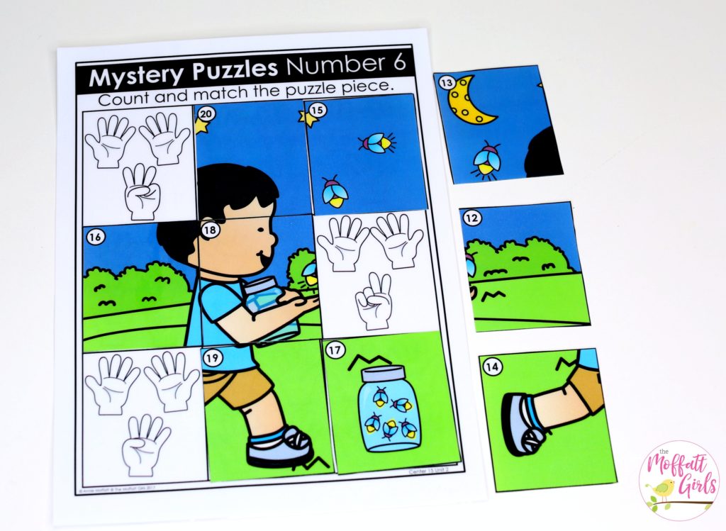 Mystery Puzzles- Count the tally marks, hands or objects and find the matching number to build a picture! Such a fun math center game for Kindergarten!