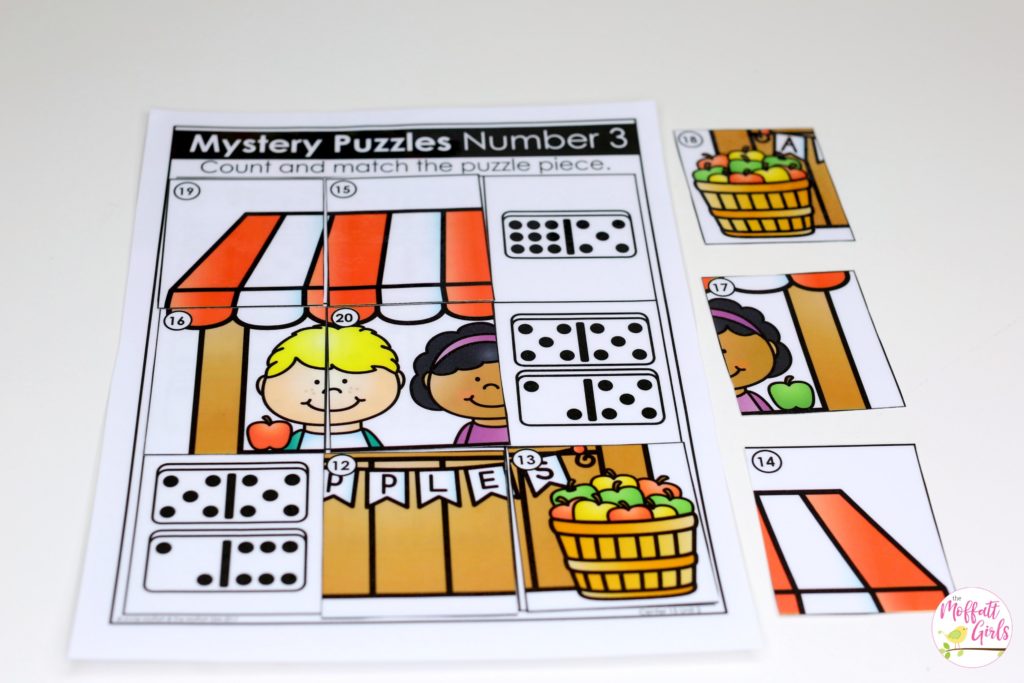 Mystery Puzzles- Count the tally marks, hands or objects and find the matching number to build a picture! Such a fun math center game for Kindergarten!