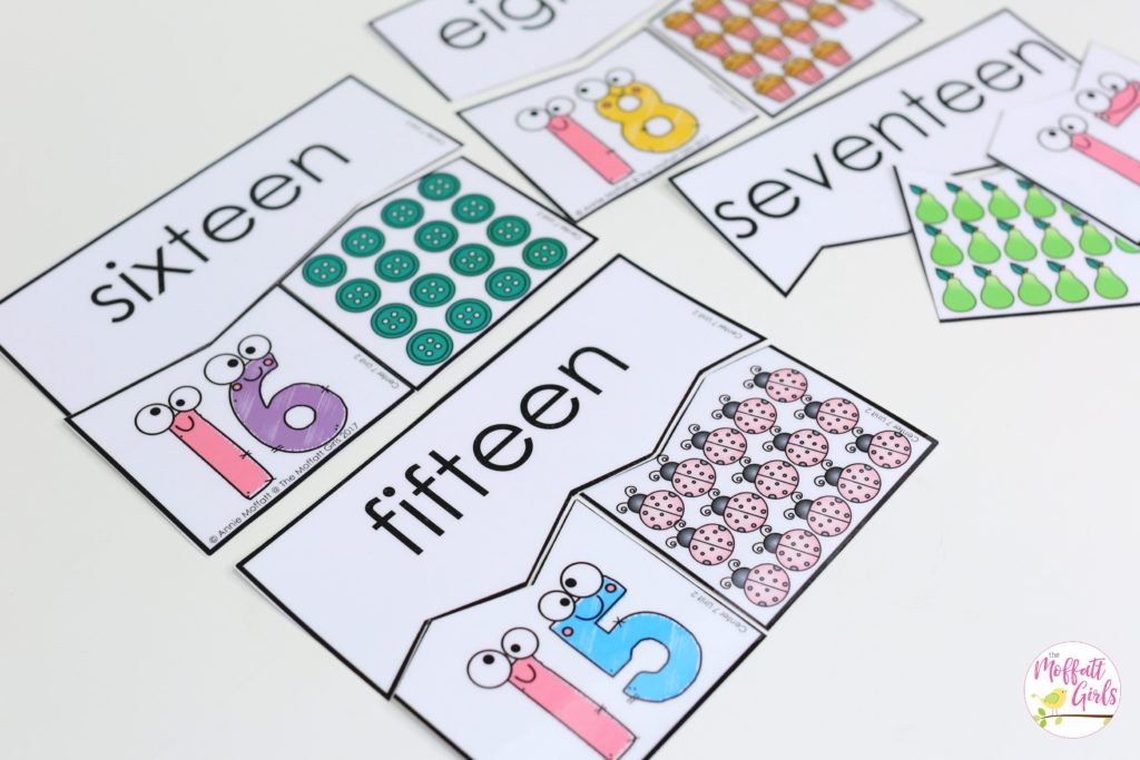 Number Puzzles- Count and match the teen numbers with the number words. Fun math center for Kindergarten!