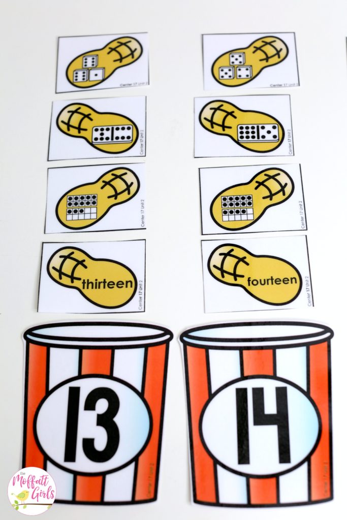 Count and Sort Peanuts- Fun math center for Kindergarten to teach teen numbers using dice, dominos, ten frames and number words!