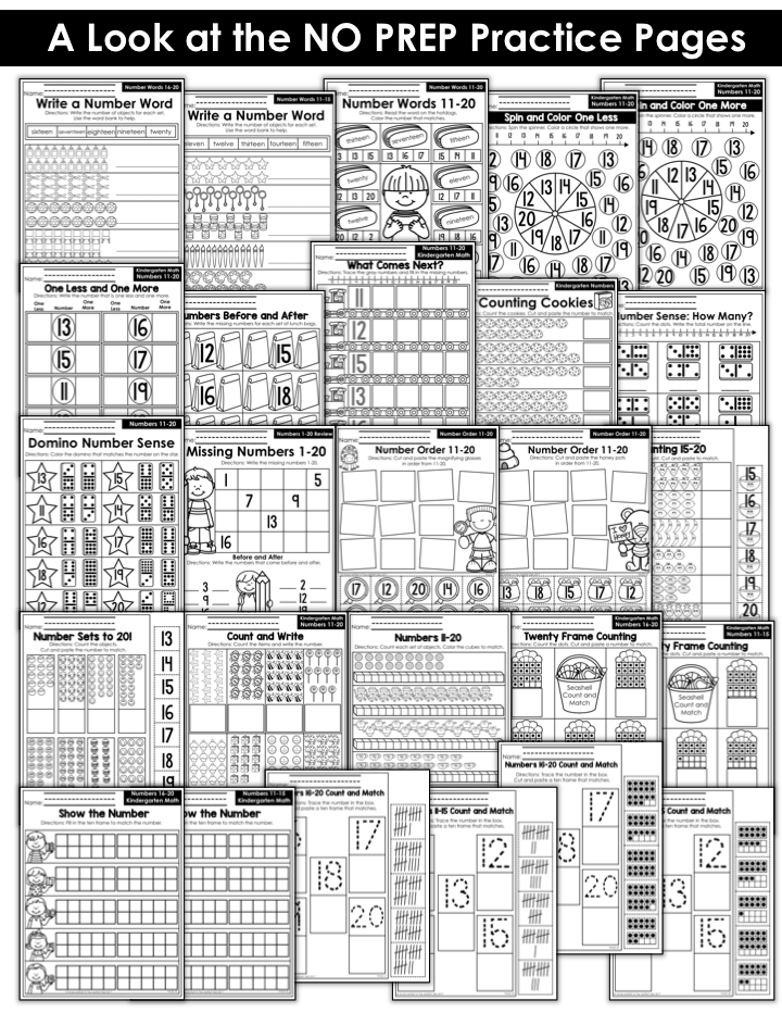 Kindergarten Math Practice Pages- These cover each standard for Kindergarten Math for teen numbers!