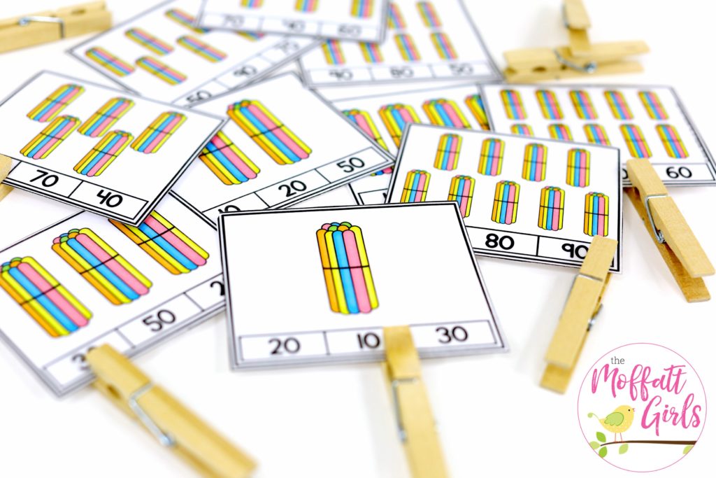 Count by 10's and Clip- Counting to 100 with fun hands-on math centers for Kindergarten! Teach skip counting by tens, number order, number recognition and more!