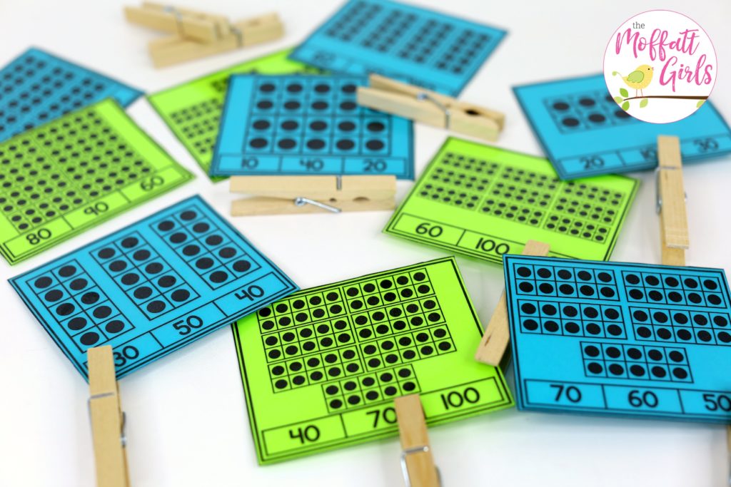 Count by 10's and Clip- Counting to 100 with fun hands-on math centers for Kindergarten! Teach skip counting by tens, number order, number recognition and more!