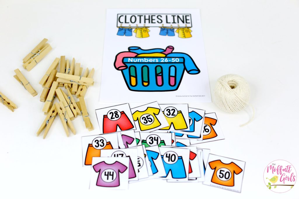 Clothes Line Numbers- Counting to 100 with fun hands-on math centers for Kindergarten! Teach skip counting by tens, number order, number recognition and more!