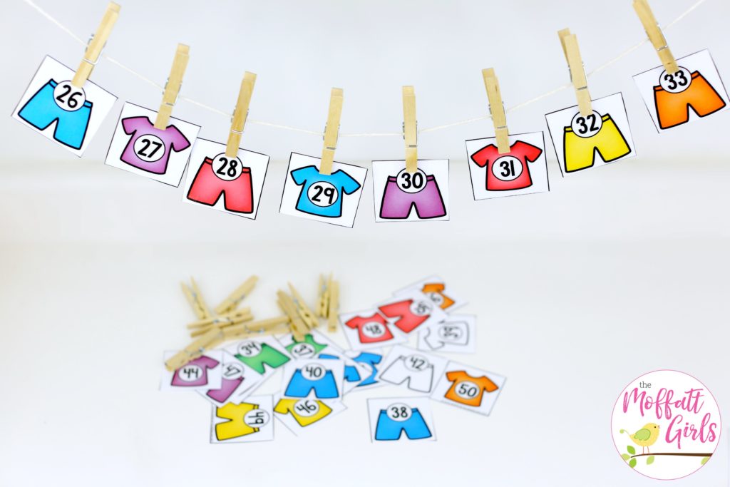 Clothes Line Numbers- Counting to 100 with fun hands-on math centers for Kindergarten! Teach skip counting by tens, number order, number recognition and more!