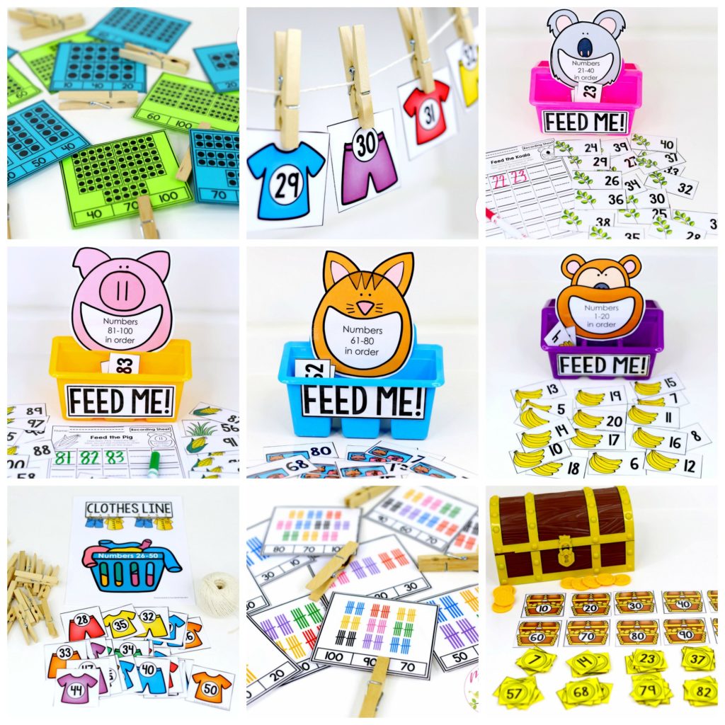 Counting to 100 with fun hands-on math centers for Kindergarten! Teach skip counting by tens, number order, number recognition and more!